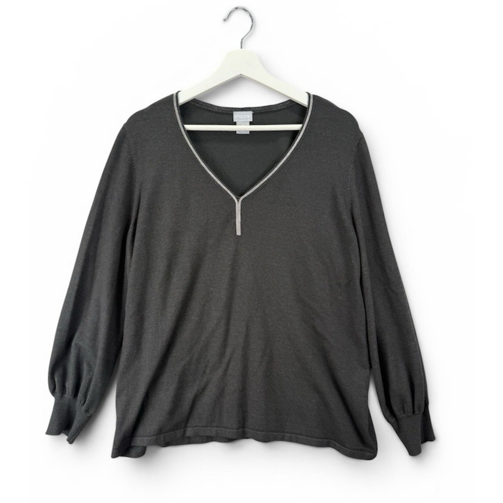 Chico's Black Metallic Trim V-Neck Pullover Sweater Womens Size 3 (XL) Chic